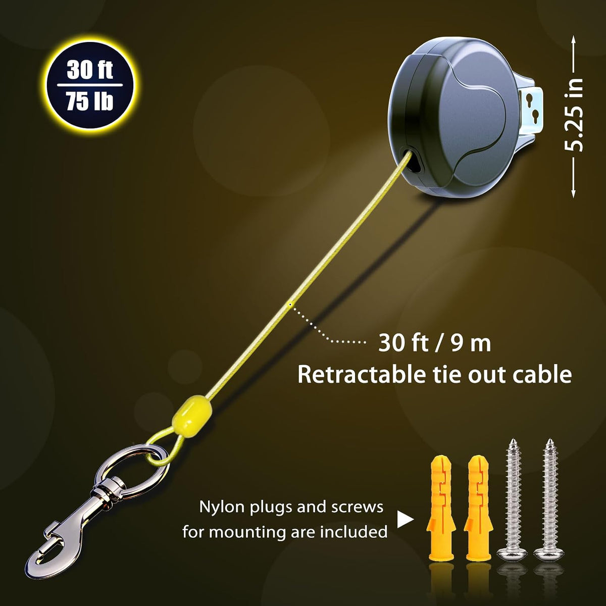 Retractable dog tie out cable mounted on a wooden post