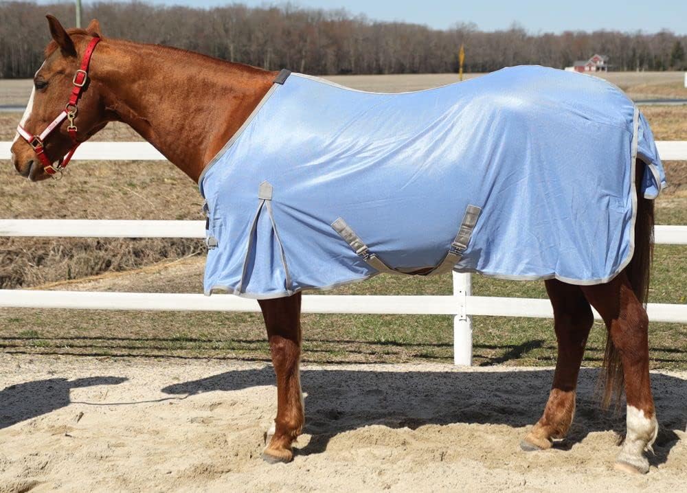 Heavy duty hardware and stitching detail on the dual front closures of the horse sheet.