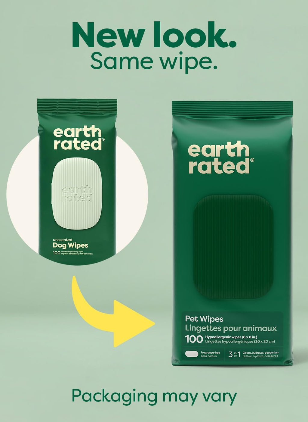 Earth Rated hypoallergenic unscented dog wipes pack showing ingredient list