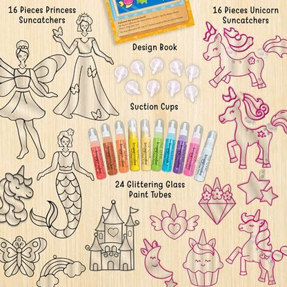 Children filling out a princess suncatcher frame using the colorful glitter glass paint tubes included in the set.