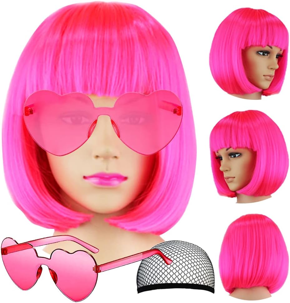 LIULIUBTY short bob synthetic neon pink wig front view featuring flat bangs and straight hair texturing