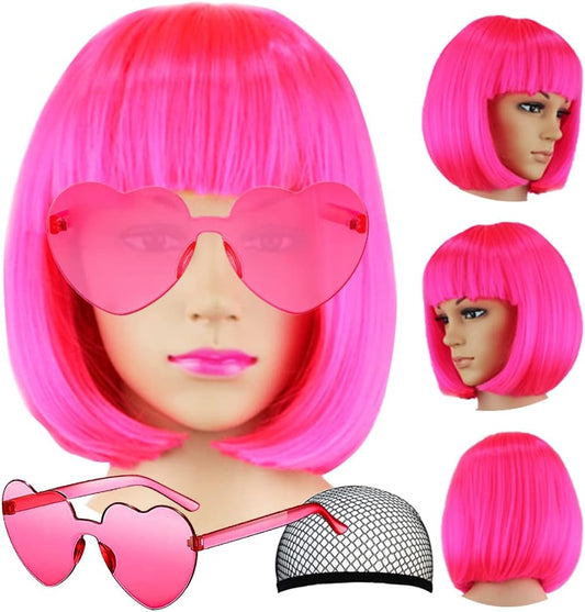 LIULIUBTY short bob synthetic neon pink wig front view featuring flat bangs and straight hair texturing