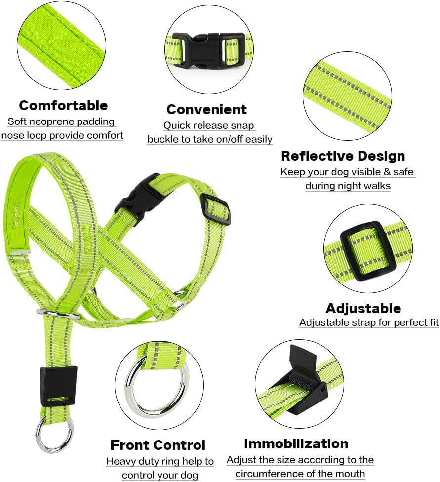 Domiglow reflective halter collar for large dogs showing padded muzzle loop