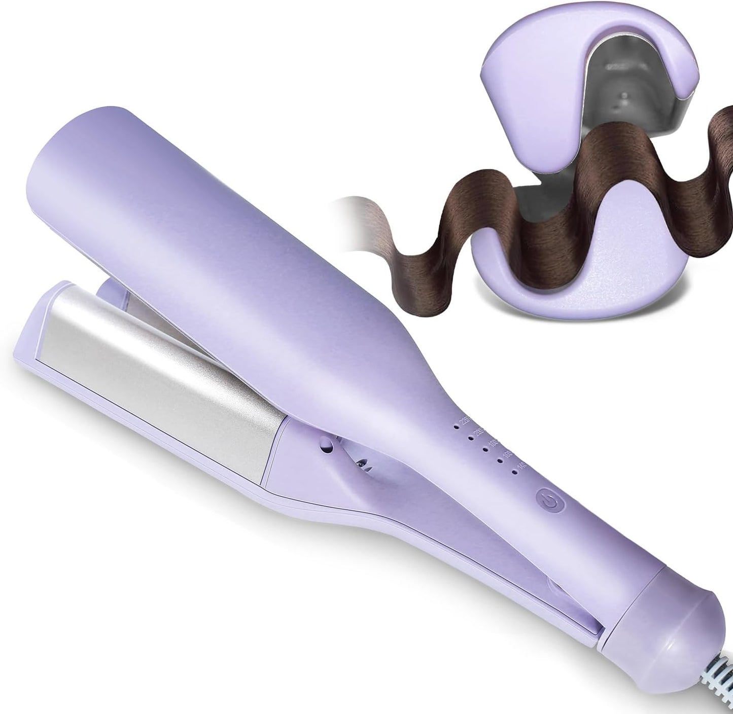 Tieumioe Beach Waves Curling Iron front view showing the purple double barrel ceramic design for styling hair.
