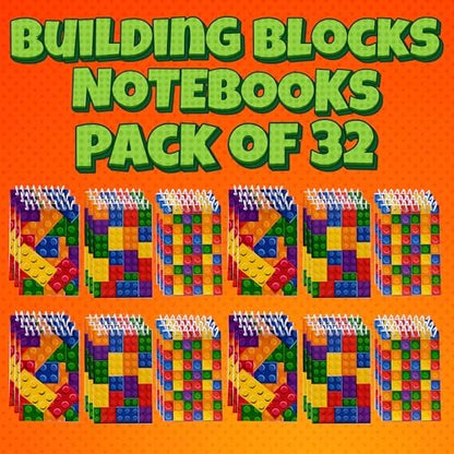 Mini building block notebooks arranged for party favors