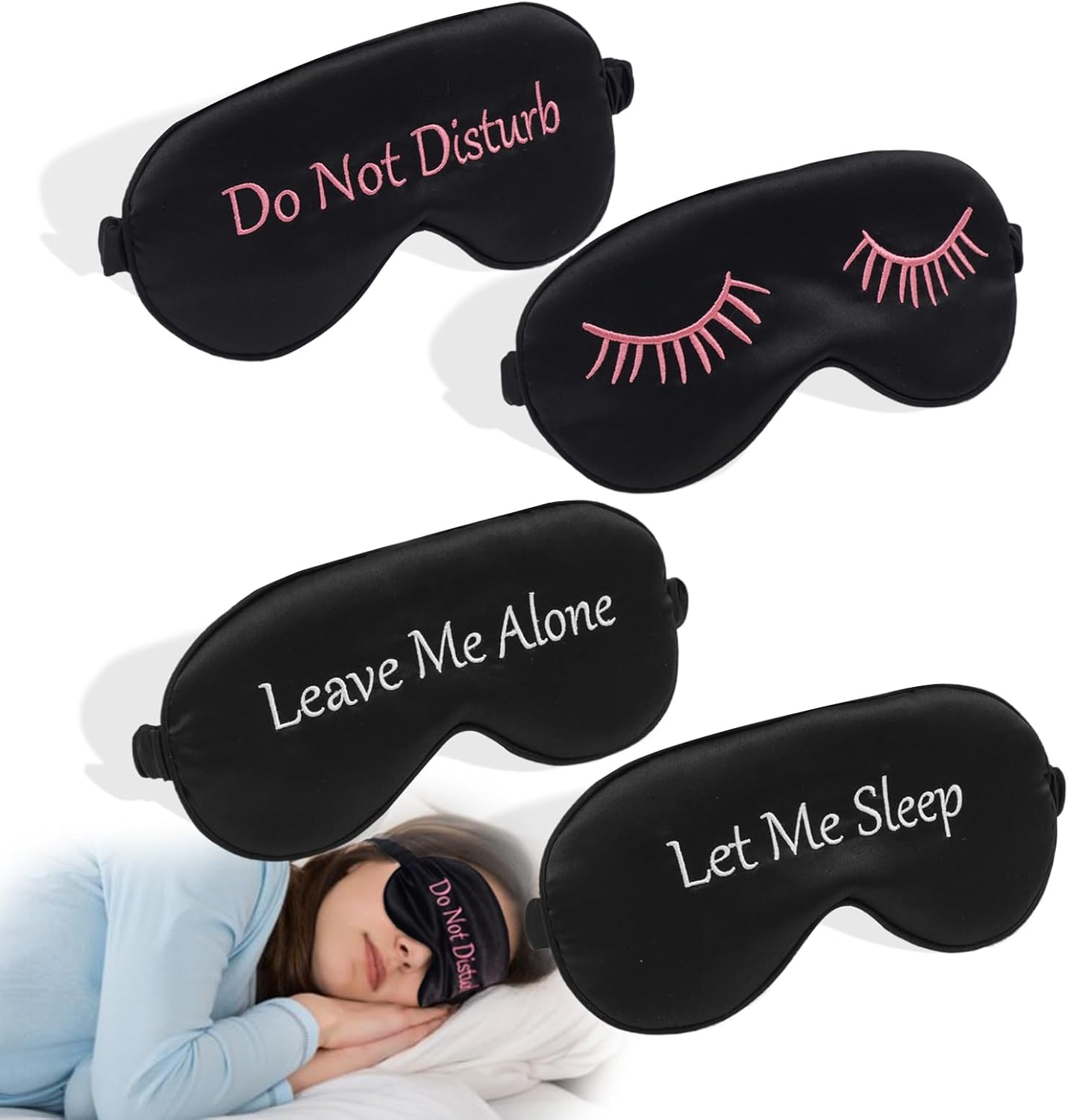 Lersvicvil four pack funny satin sleep mask front view showing embroidered quotes.
