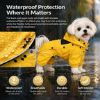 Lovelonglong 4 leg full body dog rain suit with removable hood side profile view