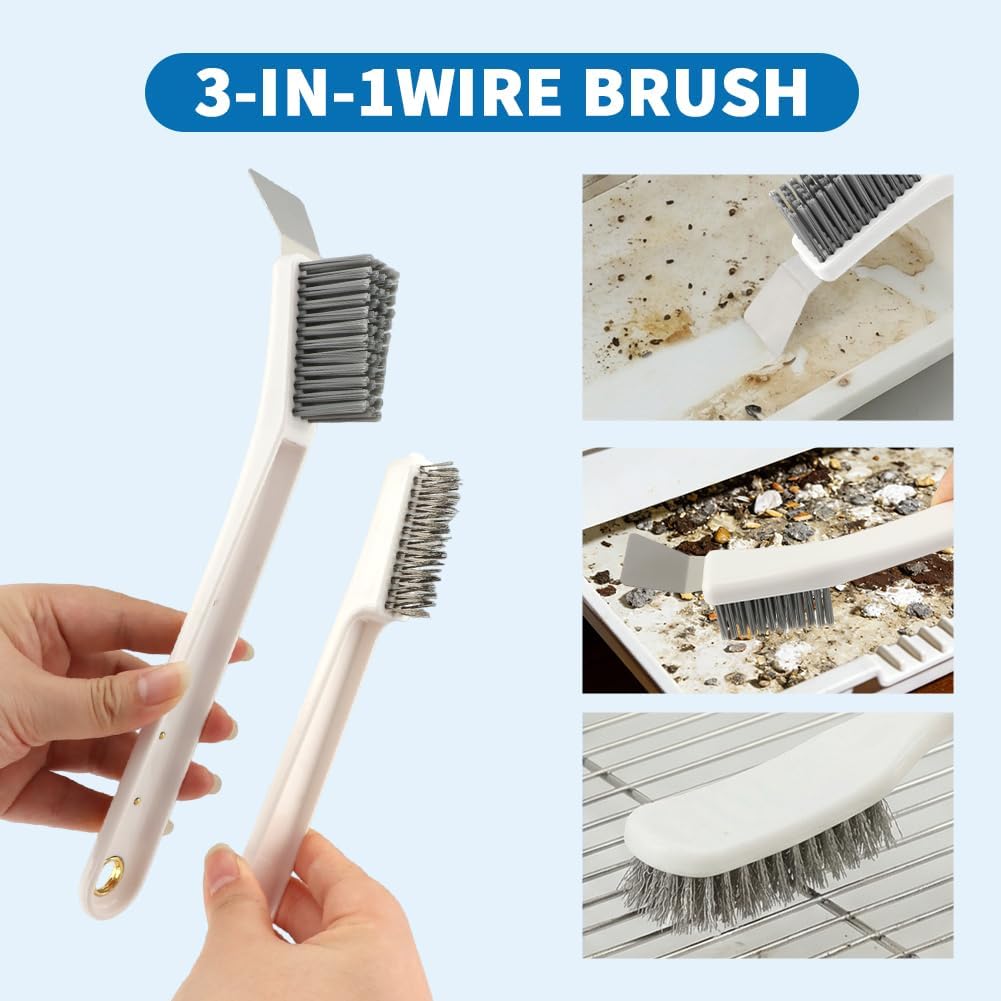 Demonstration of the scraper tip removing dried grime from a metal wire grid structure