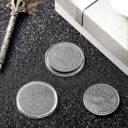 Hicarer silver lucky charm coin displayed on a desk surface