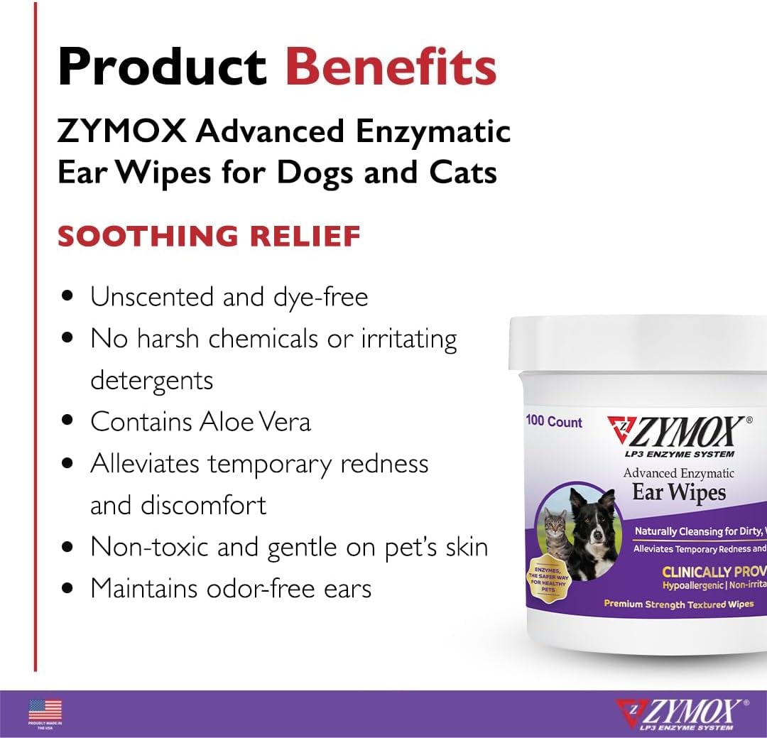 Zymox pet ear cleaning wipes 100 count container
