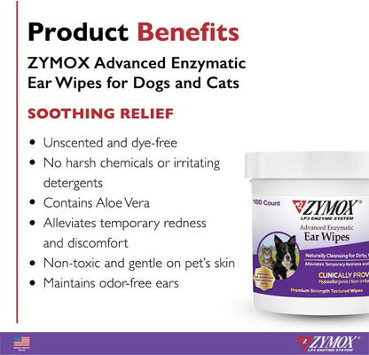 Zymox pet ear cleaning wipes 100 count container