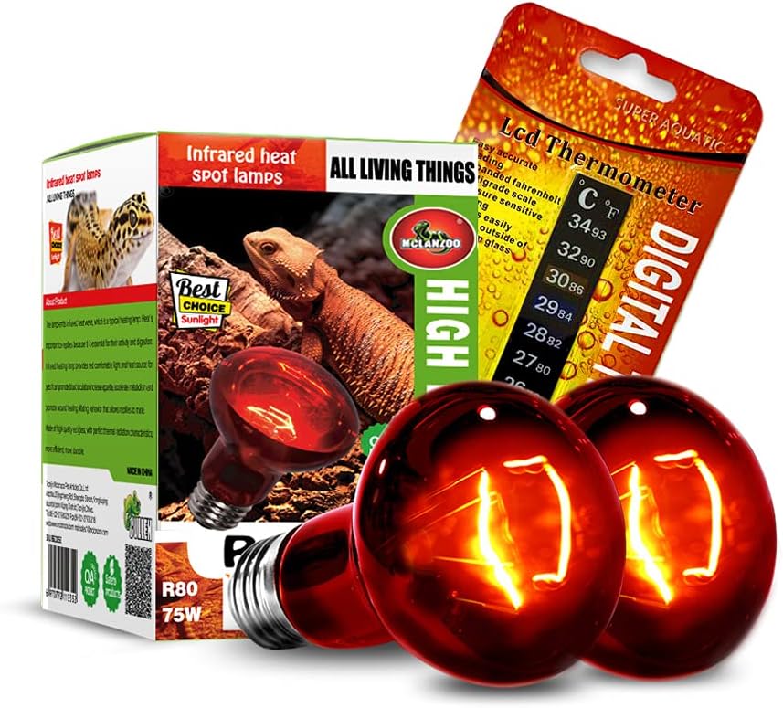 MCLANZOO Infrared Heat Lamp Bulbs 2 Pack front view showing red glass finish and packaging.