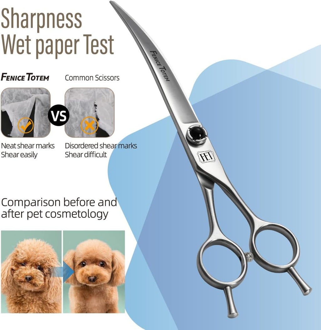 Fenice Totem Japanese 9CR stainless steel dog scissors overhead shot on clean background.