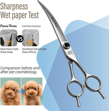 Fenice Totem Japanese 9CR stainless steel dog scissors overhead shot on clean background.