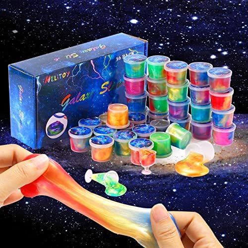Assorted blue purple and gold starry mud slime containers used as kids goodie bag stuffers