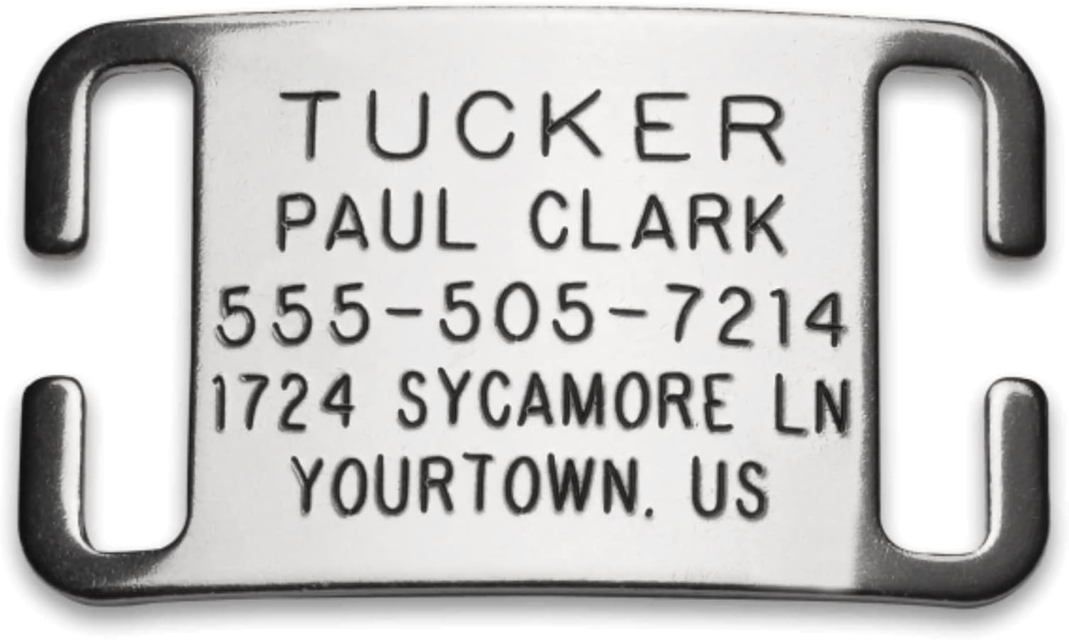 Collartags Boomerang silent dog tag front view personalized pet ID.