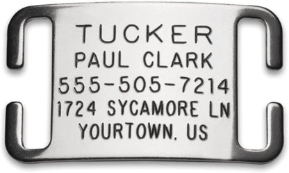 Collartags Boomerang silent dog tag front view personalized pet ID.