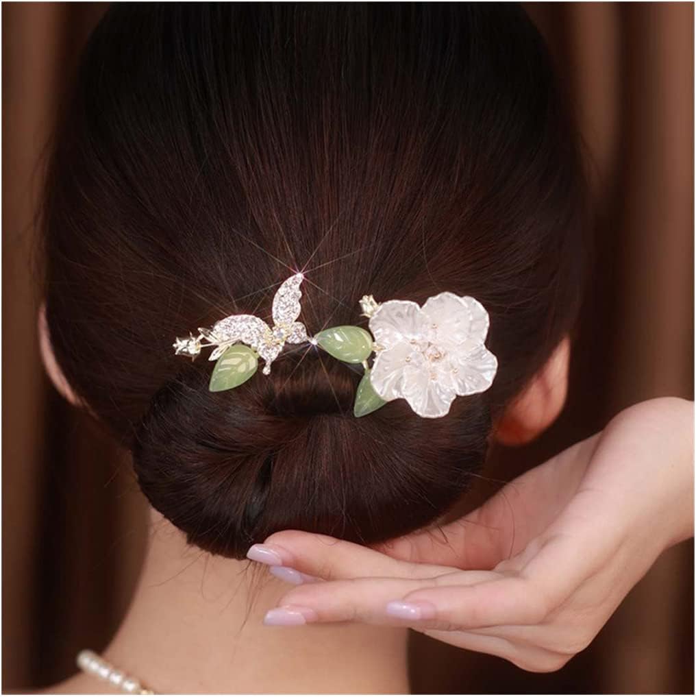 Takeberny elegant lazy hair curler crystal hair bun maker front view showcasing rhinestone peach blossom design