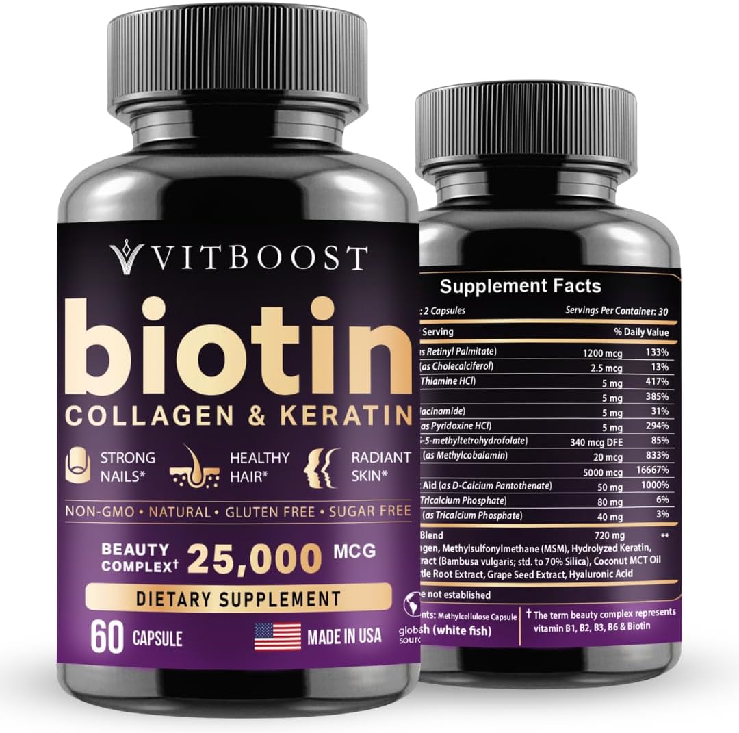 Vitboost Biotin front view bottle for authentic hair growth supplements in India