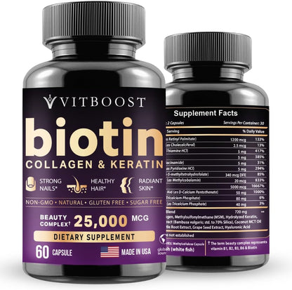 Vitboost Biotin front view bottle for authentic hair growth supplements in India