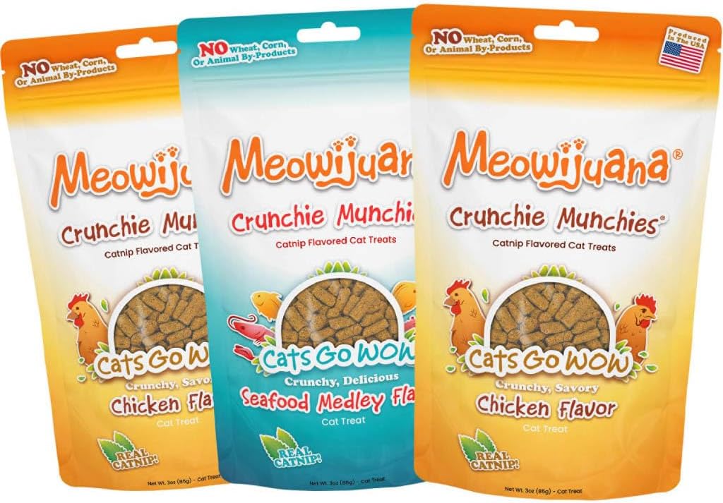 Meowijuana Crunchie Munchie Catnip Treats | Salmon, Seafood, Chicken Trio | Made with Organic Catnip | Produced in The USA | Low Calorie Cat Snack - Image 14