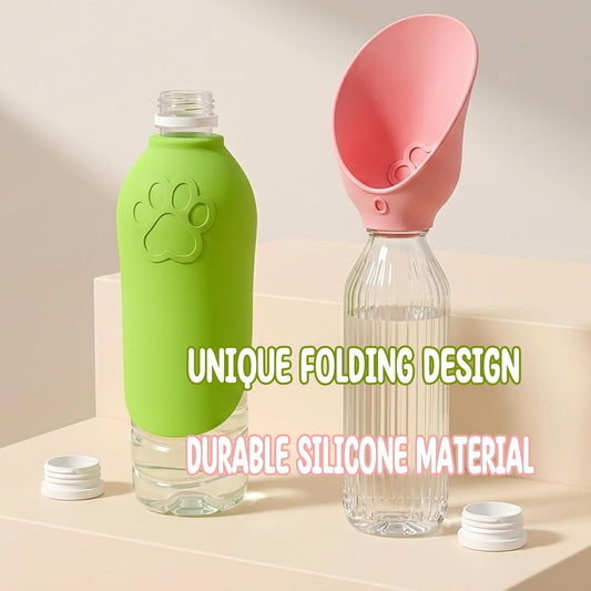 Foldable silicone pet water dispenser attachment screwed onto a standard plastic bottle