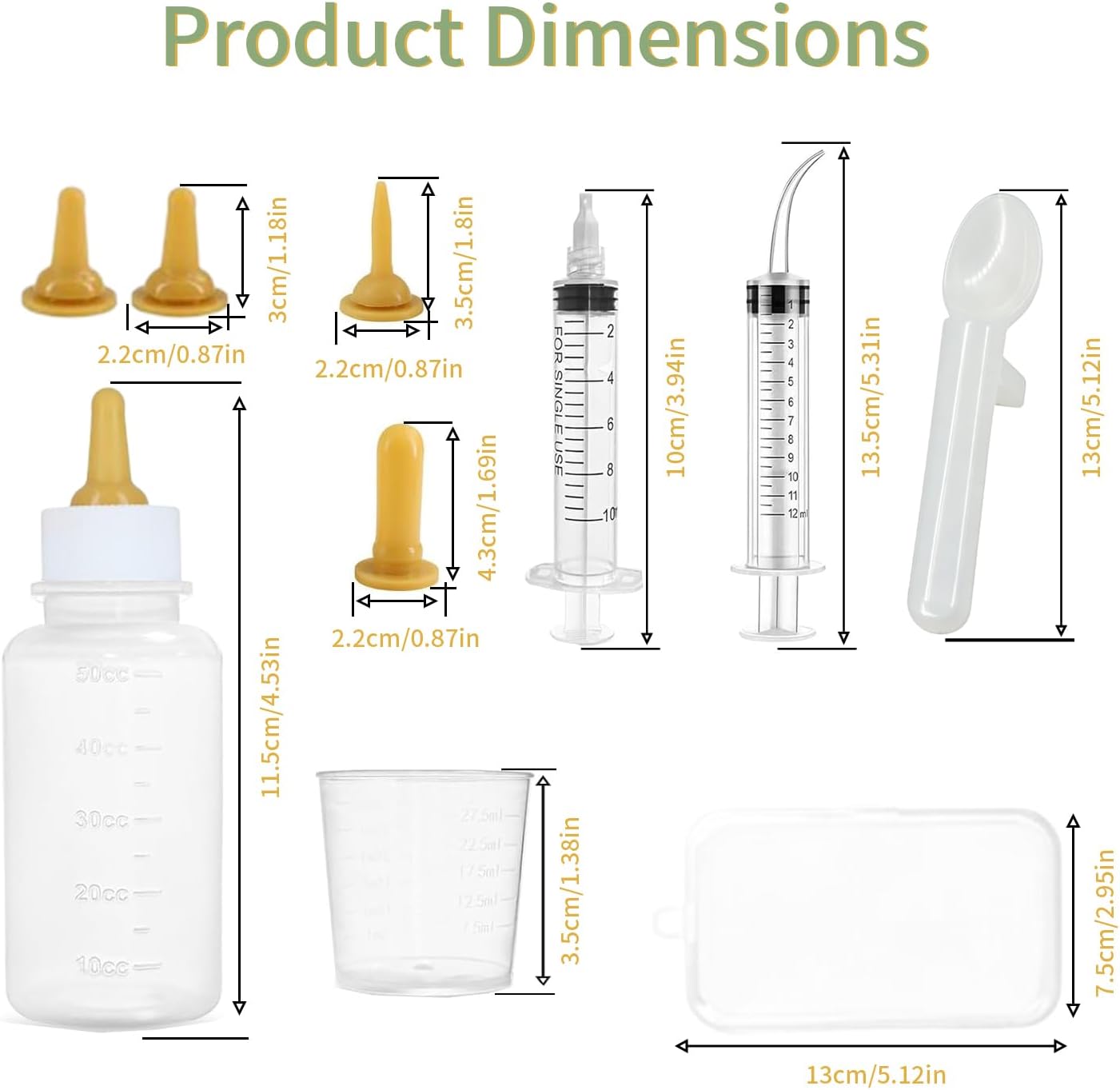 LogFaadCoi animal nursing set showing the complete contents including measuring cups and multiple replacement nipples.
