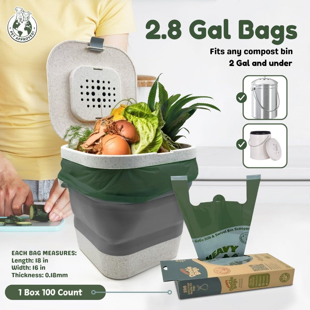 Thick cornstarch blend pet waste bags shown fitting over a backyard swivel bin scooper tool.