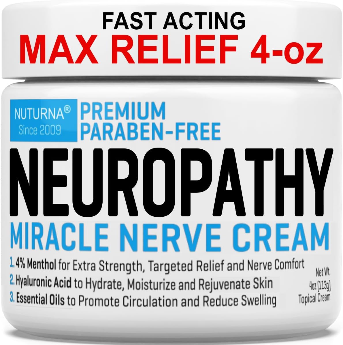 Nuturna Neuropathy Nerve Relief Cream front view 4 ounce jar