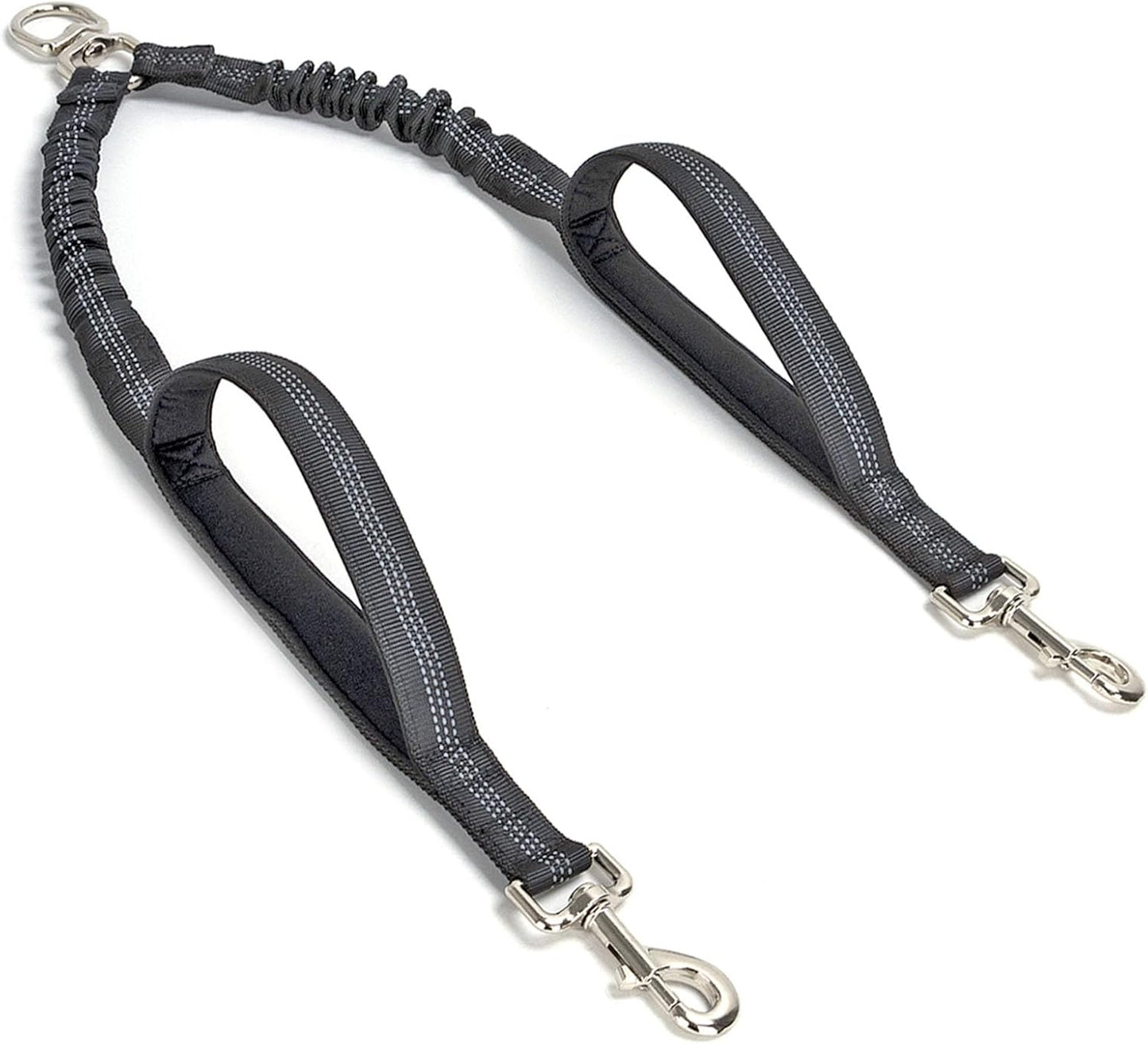 Mycicy dual dog leash coupler front view showing heavy duty black nylon webbing layout.