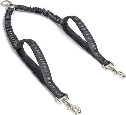 Mycicy dual dog leash coupler front view showing heavy duty black nylon webbing layout.