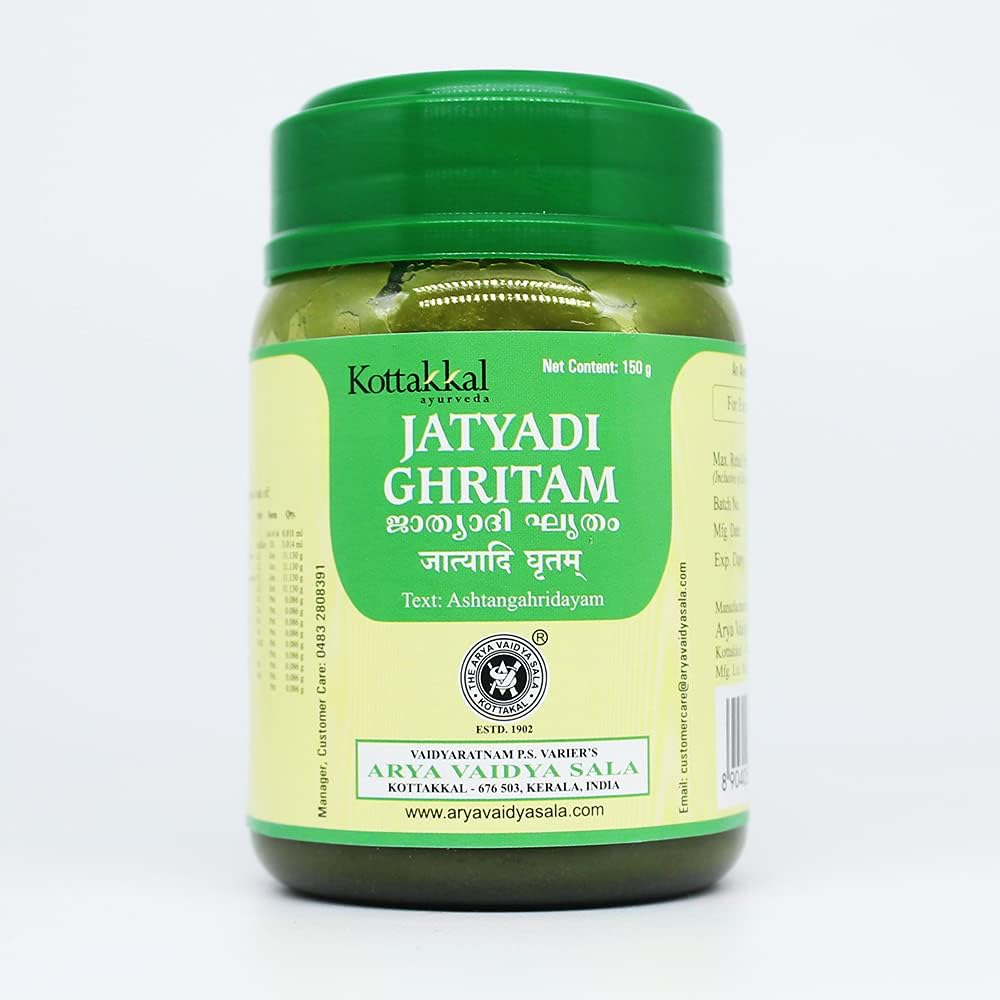 Kottakkal Arya Vaidya Sala Jatyadi Ghritam 150 grams jar front view for Ayurvedic wound healing.