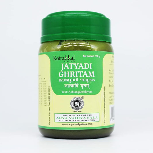 Kottakkal Arya Vaidya Sala Jatyadi Ghritam 150 grams jar front view for Ayurvedic wound healing.