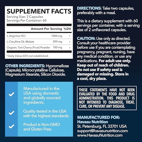 Havasu Nutrition L-Arginine 120 count supplement label details