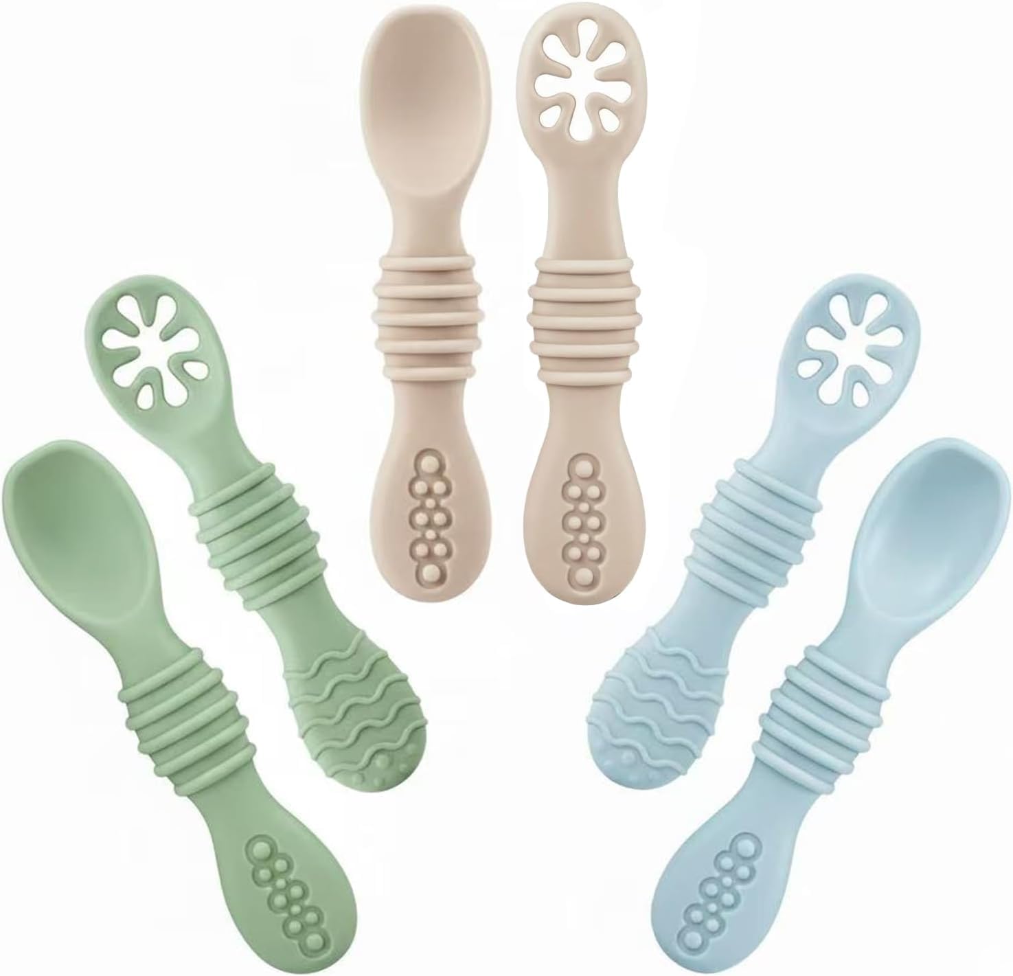 PandaEar silicone baby spoons six pack front view in blue green beige colors