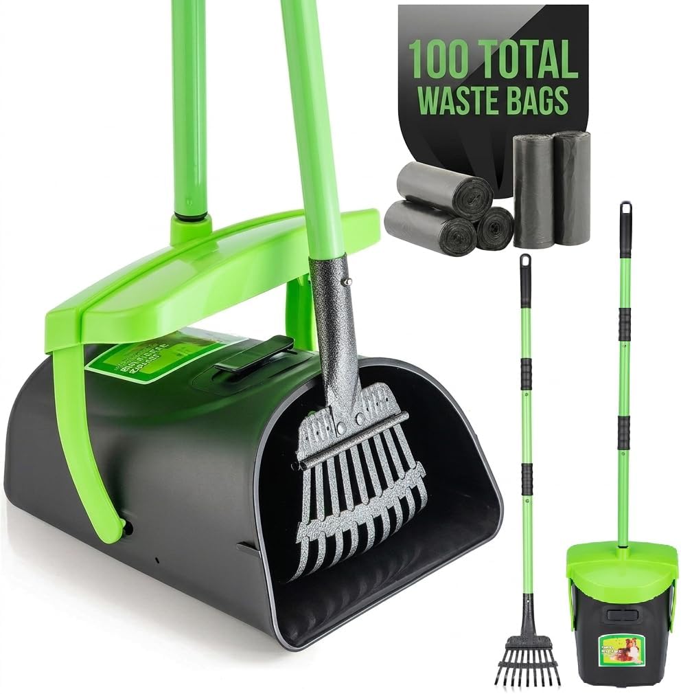 MXF pooper scooper swivel bin and rake kit front view for lawn pet waste cleanup.
