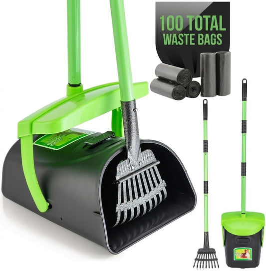 MXF pooper scooper swivel bin and rake kit front view for lawn pet waste cleanup.