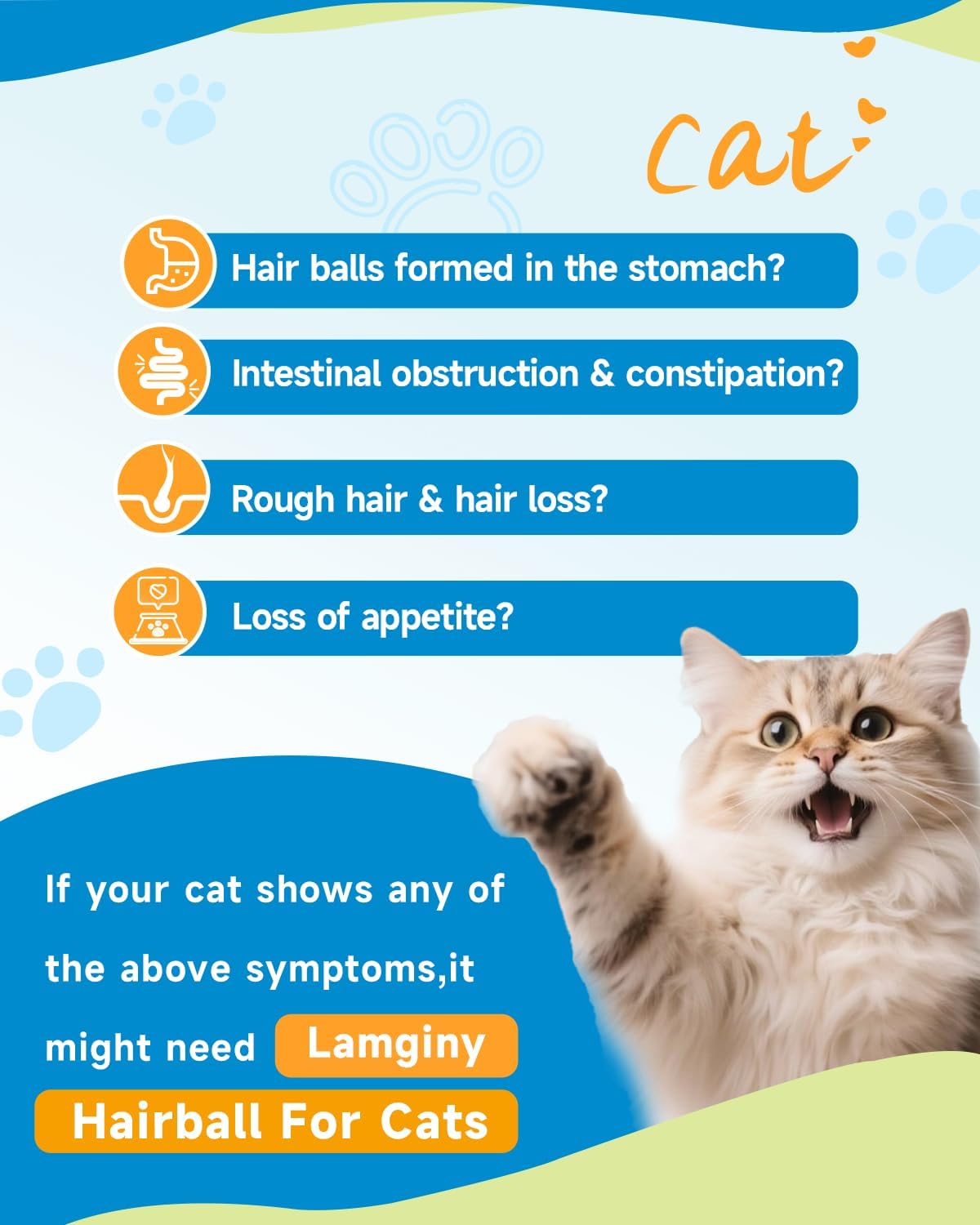 Premium imported cat hairball remedy bottle showing the GMP certified facility seal