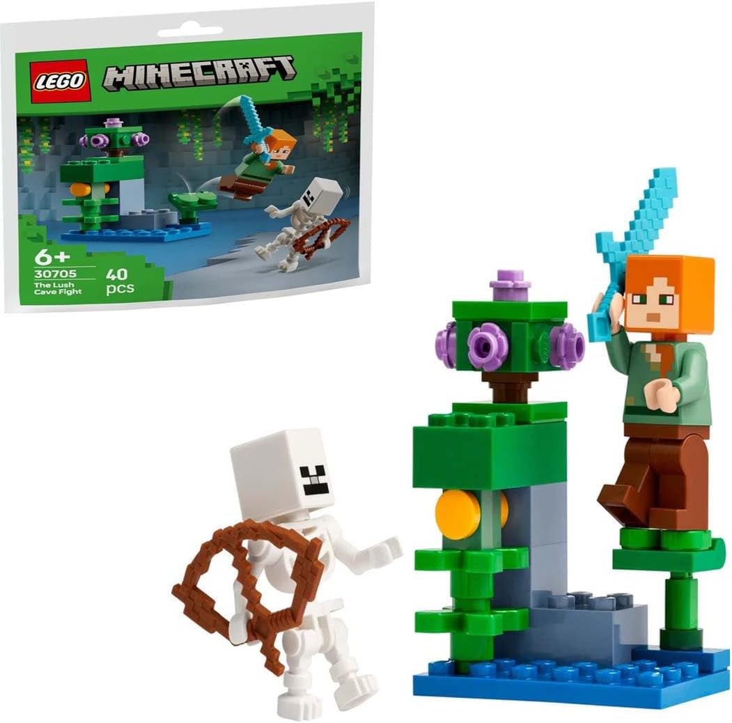 LEGO Minecraft The Lush Cave Fight 30705 building set front view featuring Alex fighting a skeleton in an imported collectible kit.