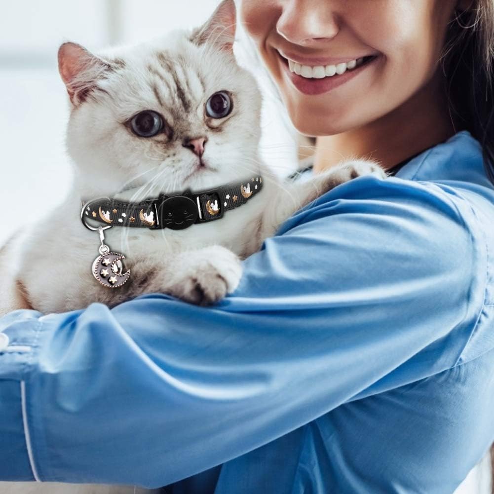 2Pcs Breakaway Cats Collars Cat Collars for Boy & Girl Cats Moons Adjustable Kitten Collars with Bell & Pendant Glow in The Dark,Purple+Black - Image 7
