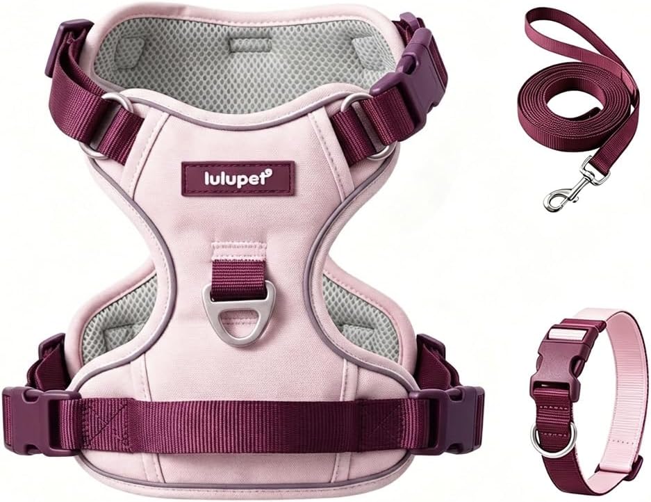 Lulupet dog harness collar and leash set pink front view