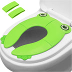 PandaEar folding travel toilet seat cover in green front view showing froggy design