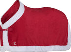 Horze Santa Christmas Fleece Horse Cooler Blanket front view on a horse showcasing the festive red design