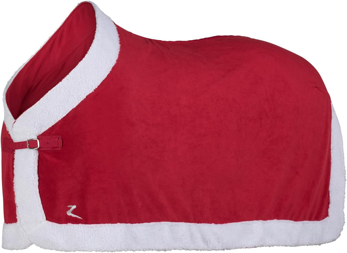 Horze Santa Christmas Fleece Horse Cooler Blanket front view on a horse showcasing the festive red design