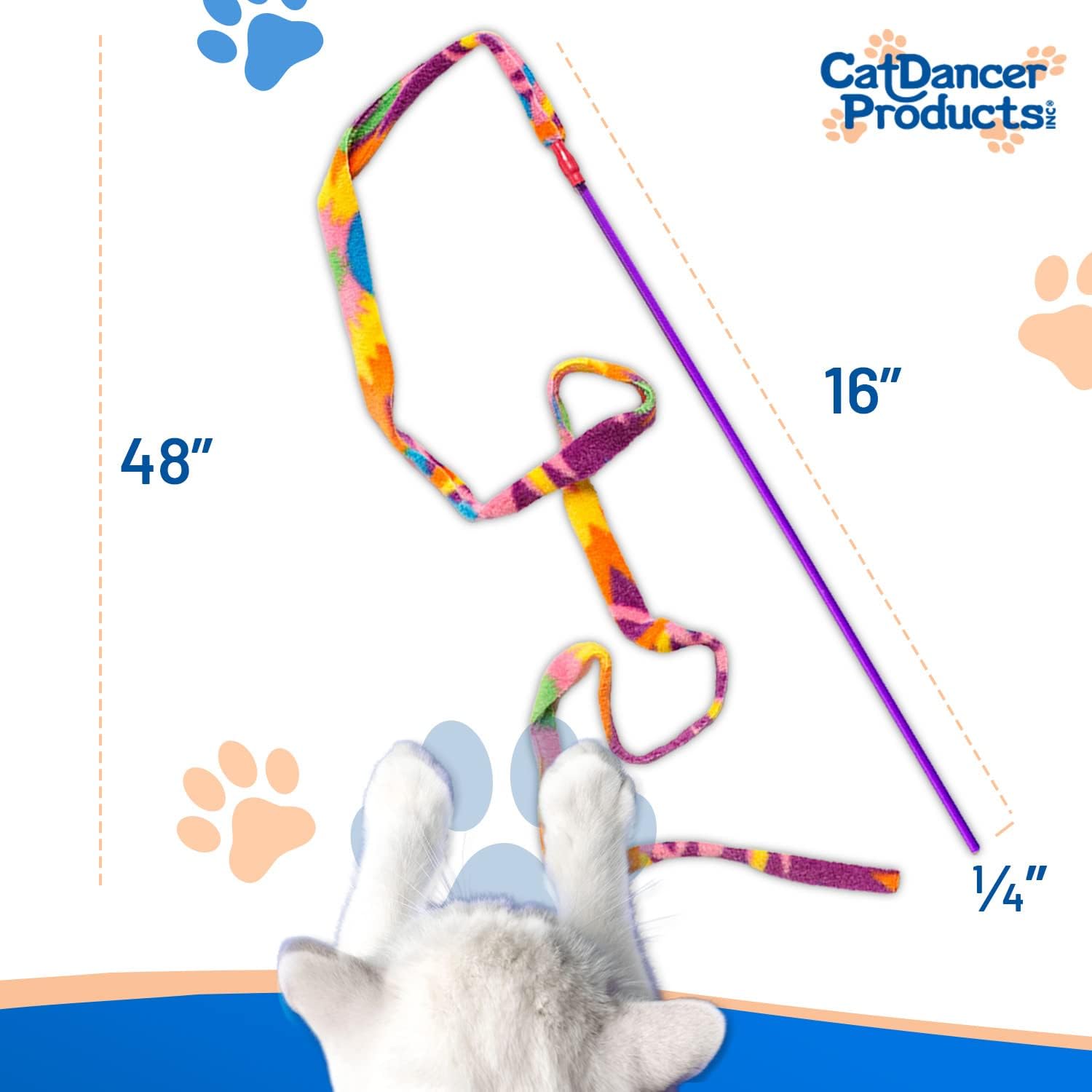 Durable polycarbonate handle and vibrant snake-like fleece fabric tail of the premium cat teaser wand.