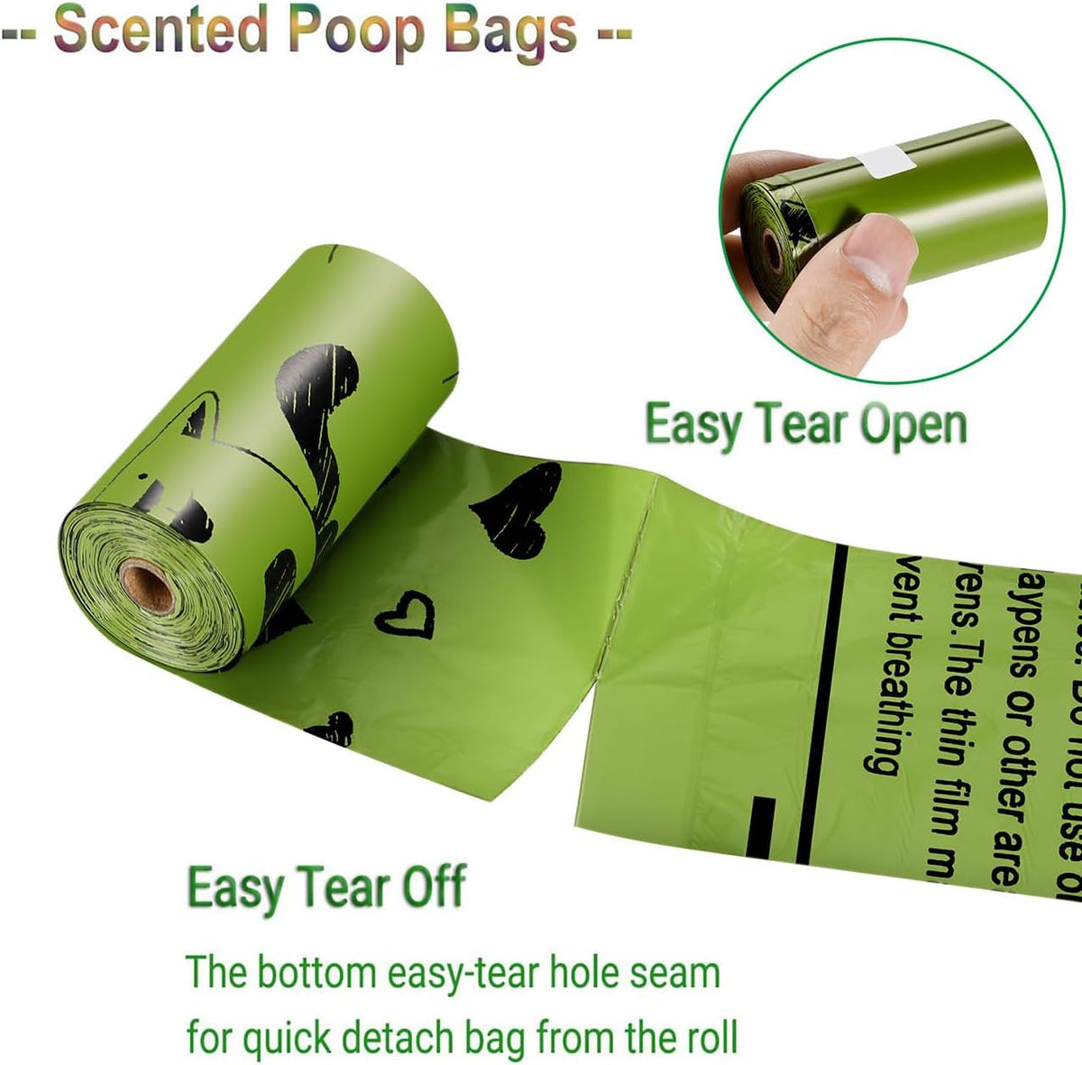Eco friendly vegetable based puppy waste disposal bags displaying large dimensions for easy tying