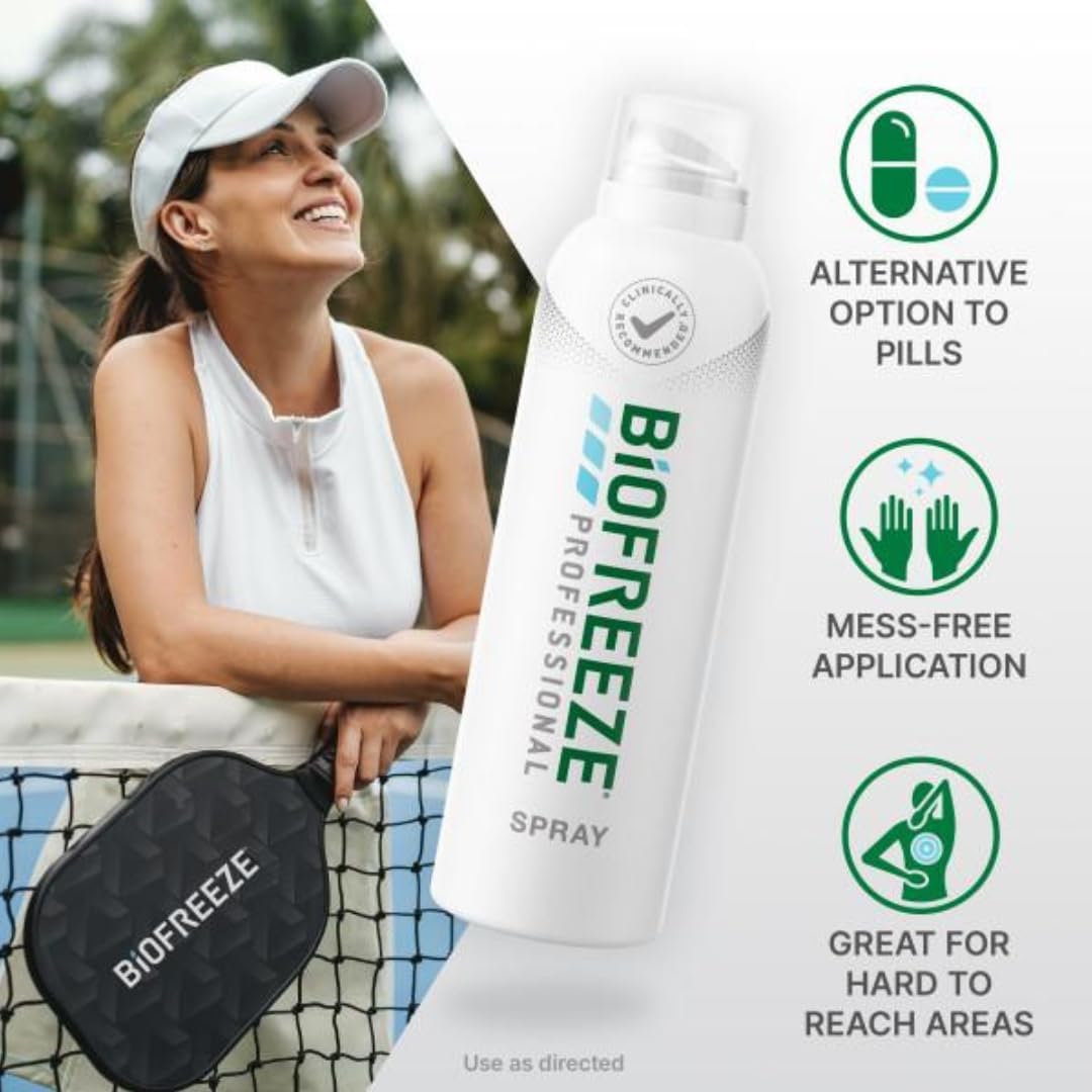 Biofreeze Professional 4 fluid ounce aerosol bottle designed for mess free backache relief.