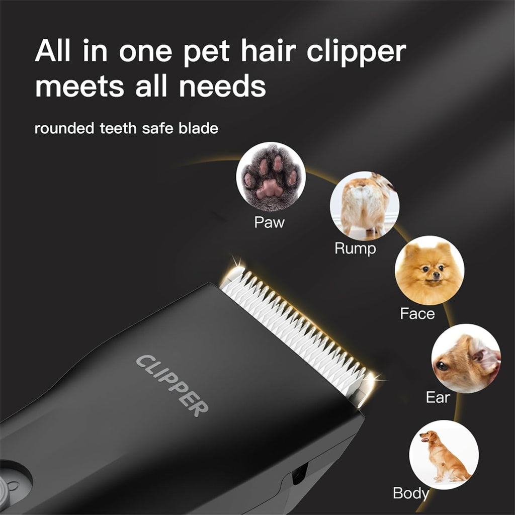 Waterproof electric dog trimmer showing IPX7 washable body design.