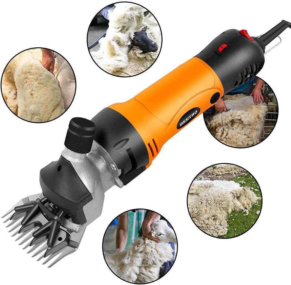 Rear view of the corded electric BEETRO sheep shears focusing on the heavy duty power cable strain relief