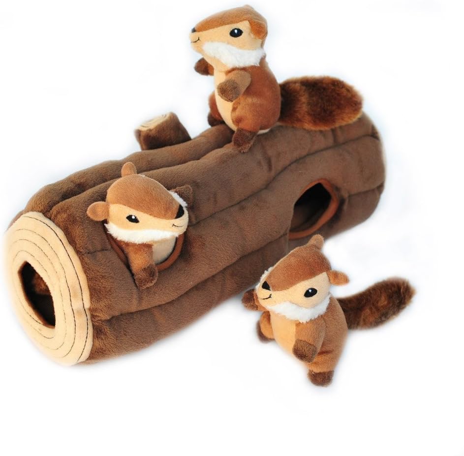 ZippyPaws burrow log toy with three chipmunks front view